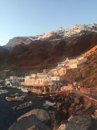 High angle view of houses against mountain range