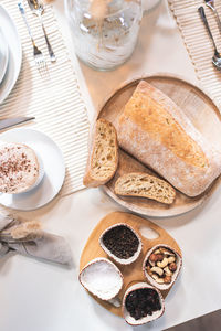 High angle view of breakfast served on table