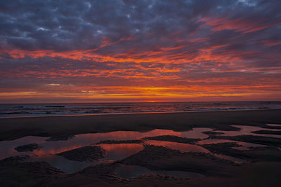 Scenic view of beach against sky during sunset