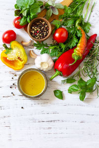 High angle view of fruits and vegetables on table