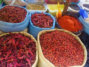 High angle view of various fruits for sale at market stall