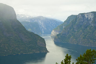 Scenic view of river and mountains against sky