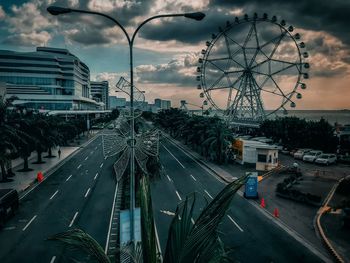 High angle view of city street against sky