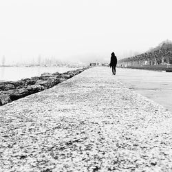 Rear view of man walking on road