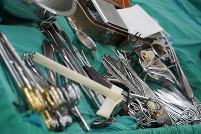 High angle view of objects on table