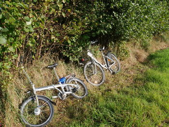 High angle view of bicycle on field