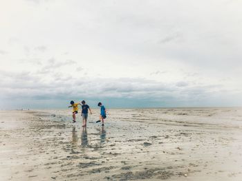 Rear view of people on beach against sky