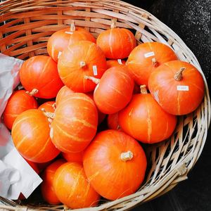 High angle view of pumpkins in basket
