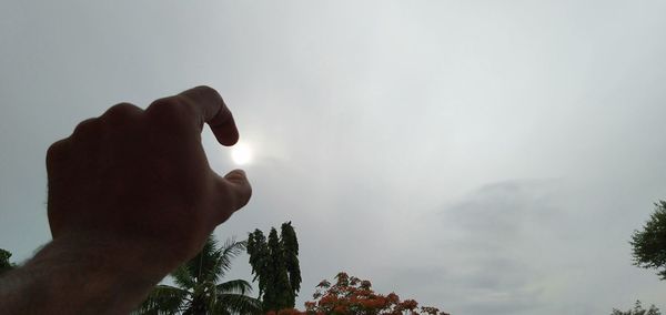 Low angle view of person hand against sky