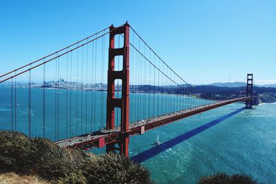 View of suspension bridge against blue sky