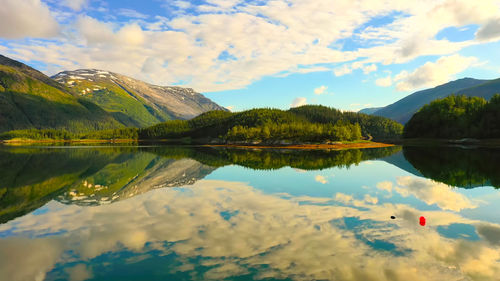 Scenic view of lake and mountains against sky