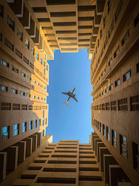 Directly below shot of airplane flyiing over building in city