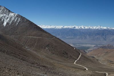 Scenic view of snowcapped mountains against clear sky