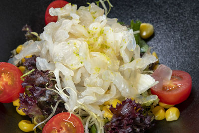 High angle view of chopped vegetables on table