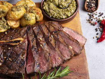 High angle view of food served on table