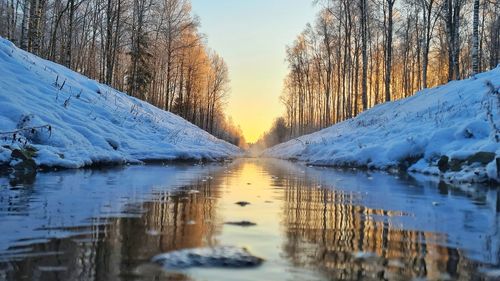 Panoramic view of lake by snowcapped mountains during winter