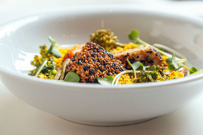 High angle view of food in bowl on table