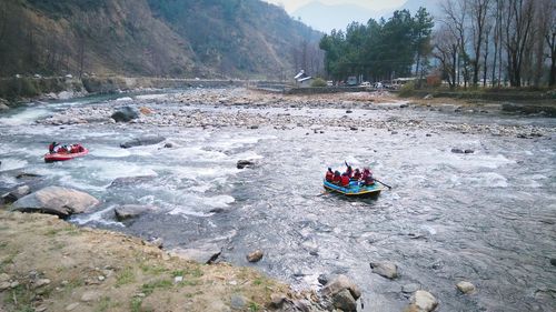 High angle view of people rafting in beas river