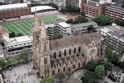 High angle view of buildings in city