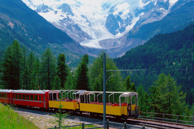 Train on railroad track against mountain range