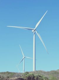 Windmill on field against clear blue sky