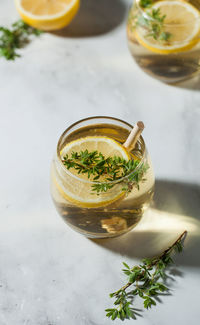 Refreshing lemonade with a slice of lemon and a straw. hard shadows. summer drinks. 