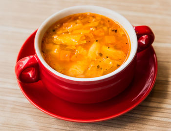 Close-up of soup in bowl on table