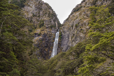 Low angle view of waterfall amidst rocks in forest