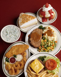 High angle view of food served on table