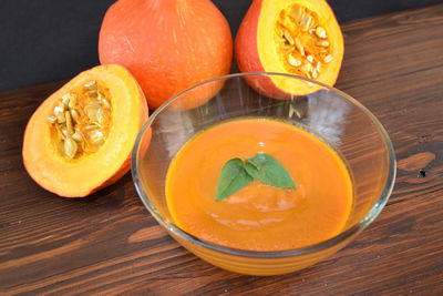 High angle view of orange fruits on table