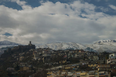 Aerial view of townscape against sky in city