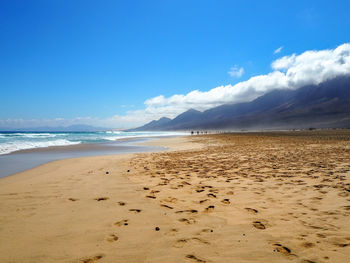 Scenic view of beach against blue sky during sunny day