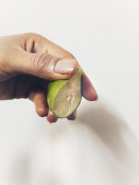 Close-up of hand holding fruit against white background