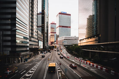 Traffic on city street and buildings