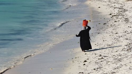 Rear view of woman walking on wet beach