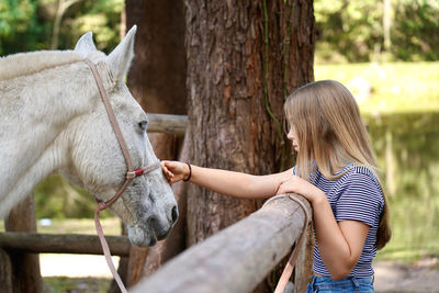 Girl stroking a horse