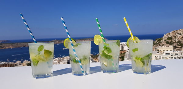 Close-up of drink against blue sky