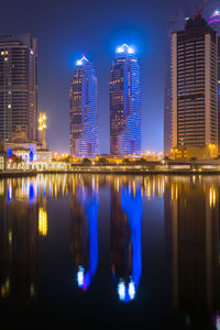 Reflection of illuminated buildings in river at night