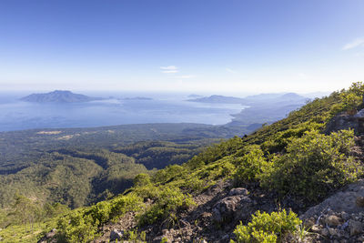 Scenic view of tree mountains against sky