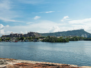 Scenic view of sea by buildings against sky