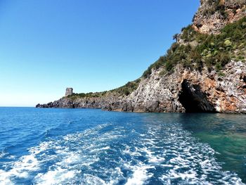 Scenic view of sea against clear blue sky