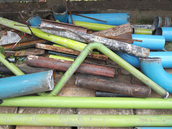 High angle view of pipes on field