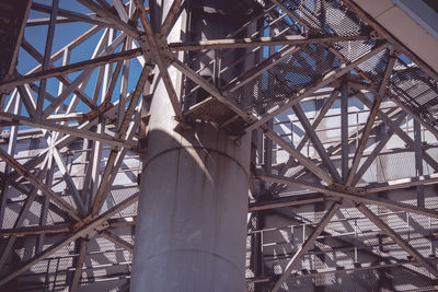 Metal connections of the tower against a blue sky on a sunny day