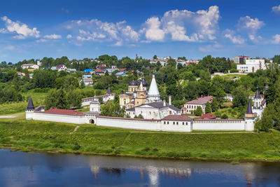 View of holy dormition monastery from volga river, staritsa, russia