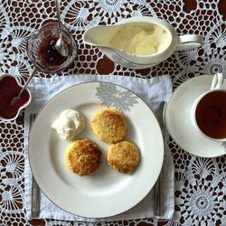 Directly above shot of breakfast served on table