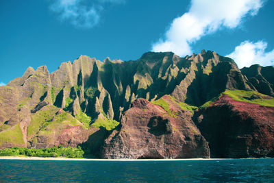 Scenic view of sea and mountains against blue sky