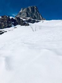 Scenic view of snow covered mountain against sky