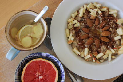 High angle view of breakfast served on table