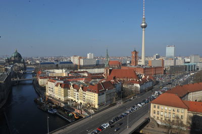 High angle view of buildings in city