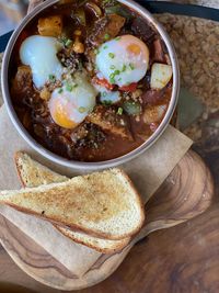 High angle view of soup in bowl